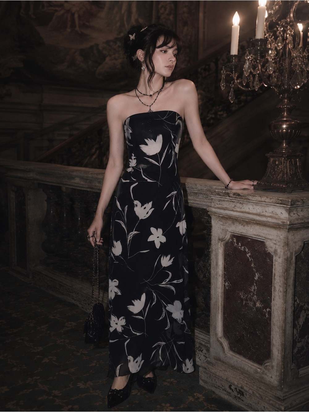 Jessica McClintock floral strapless Whimsigoth formal dress
